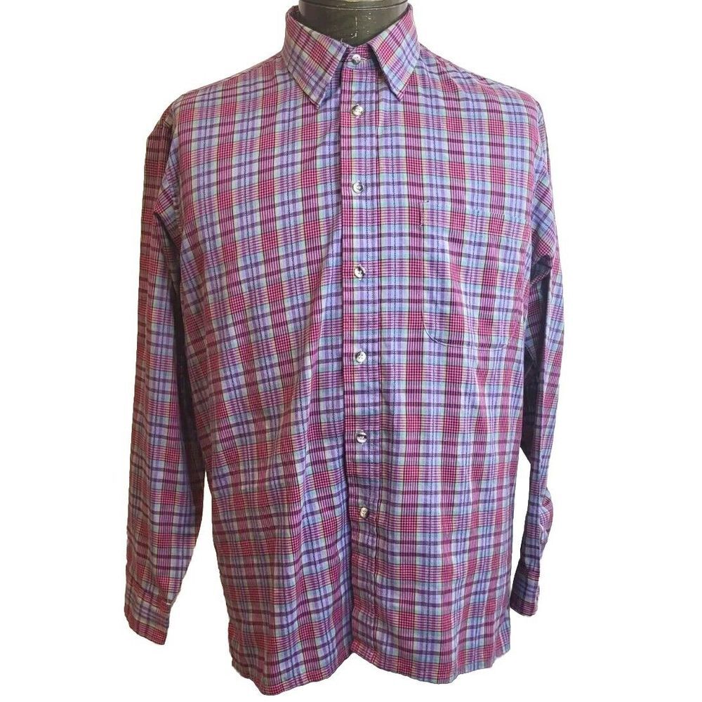 Vintage Preppy Core Shirt Purple Plaid Casual Button Up Mens Long Sleeve Large L